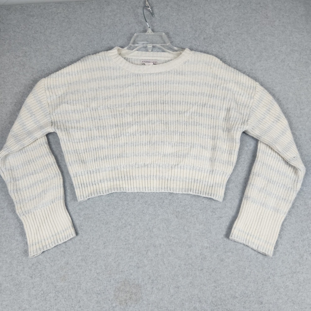 Sincerely Jules Cropped Sweater Womens Small White Gray Striped Ribbed Pullover